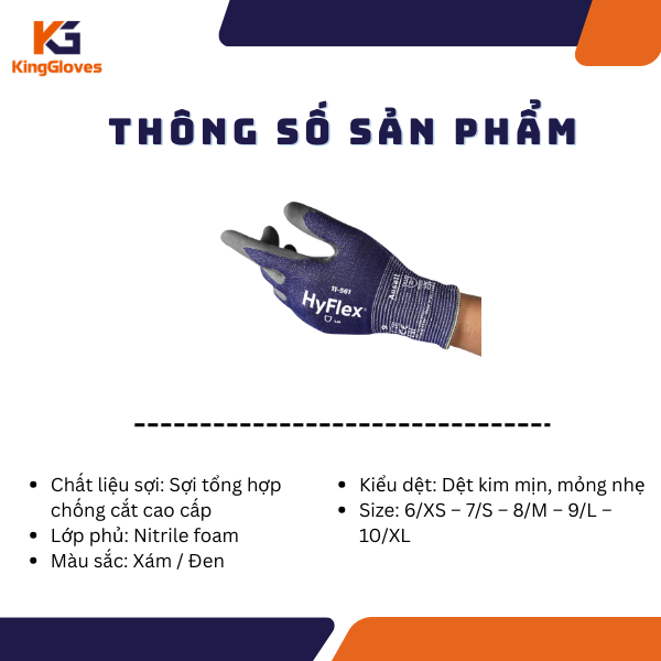 THÔNG SỐ KỸ THUẬT CỦA GĂNG TAY CHỐNG CẮT HYFLEX 11-561