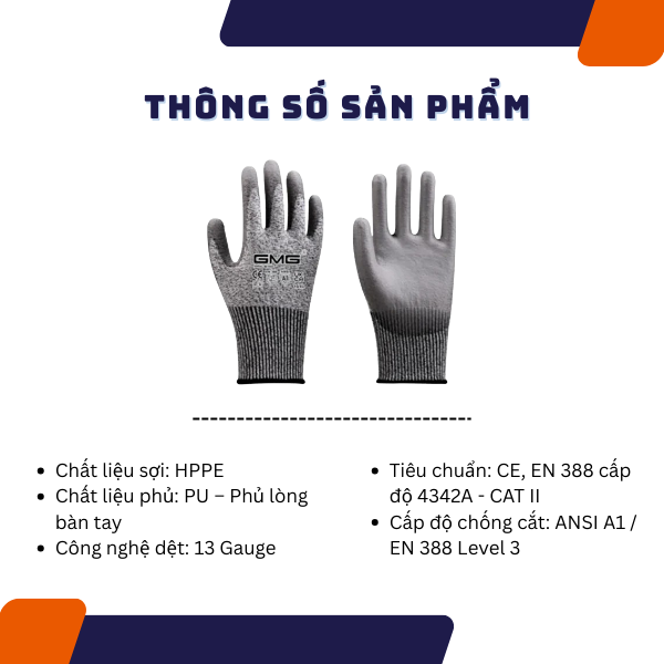 THÔNG SỐ KỸ THUẬT CỦA GĂNG TAY CHỐNG CẮT GMG HPPE A1- H3101 PHỦ PU LÒNG BÀN TAY
